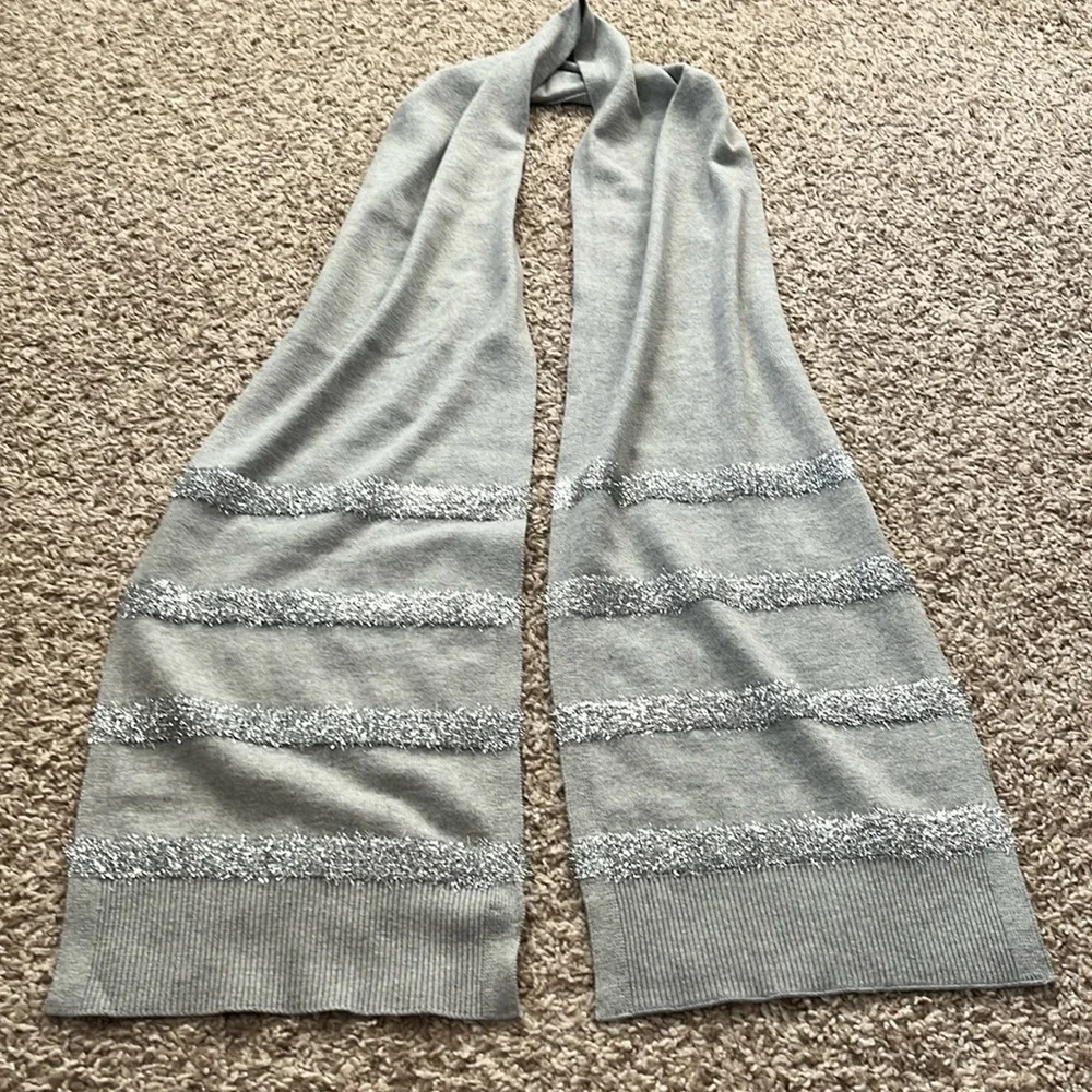 Talbots Gray Silver Tinsel Stripe Warm Winter Scarf w/ Ribbing